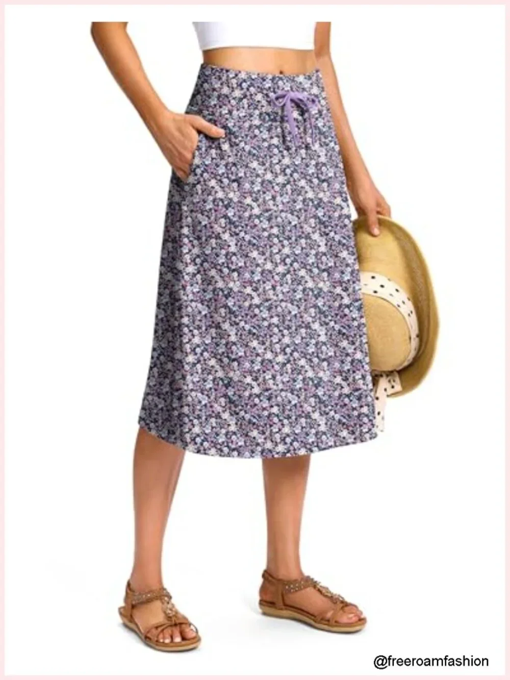 High Waisted Midi Skort with Pockets Built-in Shorts Drawstring